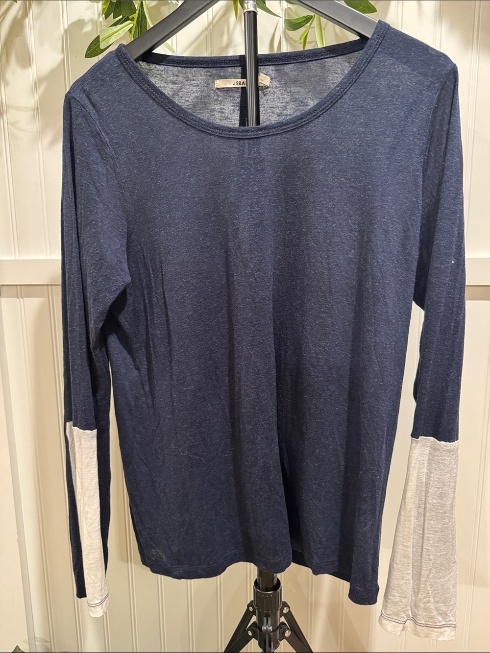 #725 J BRAND Navy Long Sleeve Top with White Sleeve Panels, Tencel & Linen
